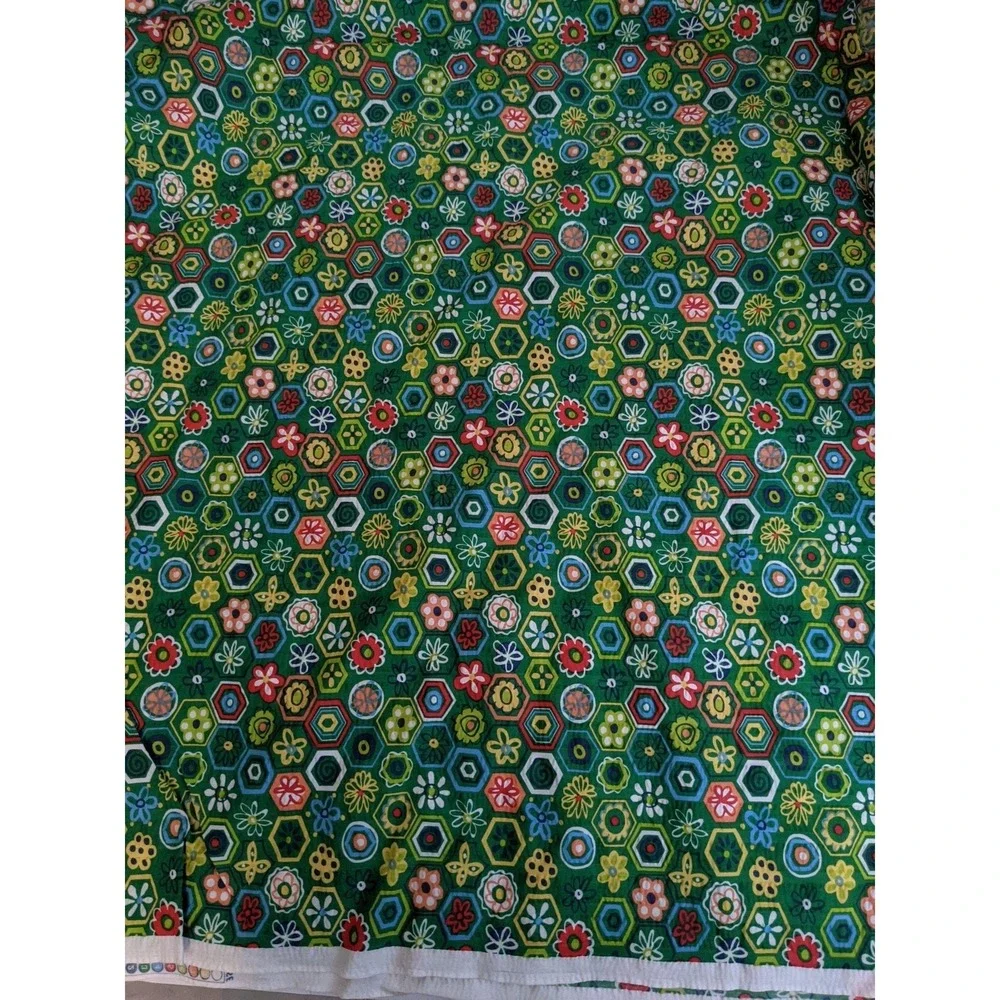 Vintage Bloomcraft Screenprint Fabric Green‎ Floral Hexagon Geometric 1 Yard